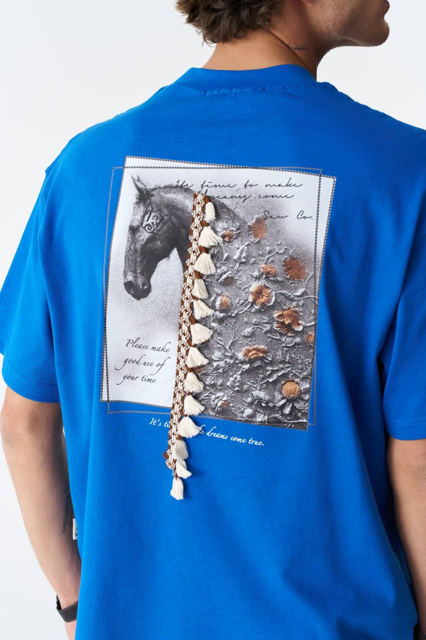 DRO Vintage Bold Blue Graphic T-Shirt with Horse Print & Tassel Detail